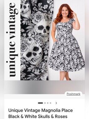 Unique Vintage/Magnolia Park Black & White Skulls and Roses Fit-and-Flare Dress